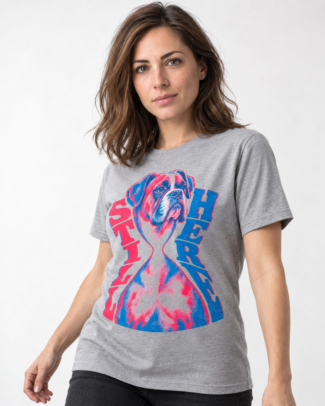 Stay Here Boxer Duotone Portrait T-Shirt in Sport Grey, worn by a model