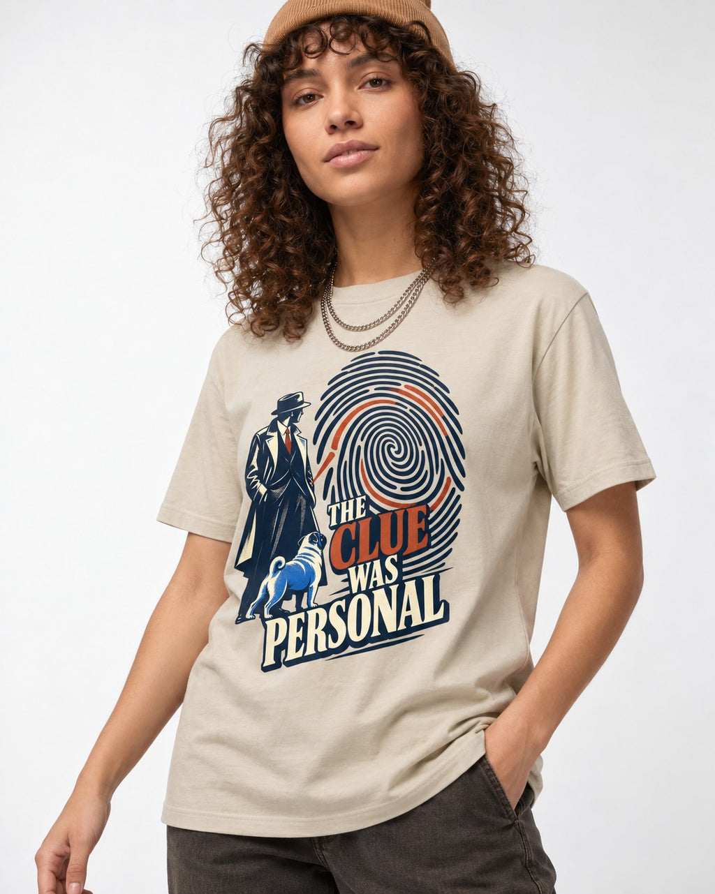 The Pug Clue Was Personal T-Shirt in Sand, worn by a model