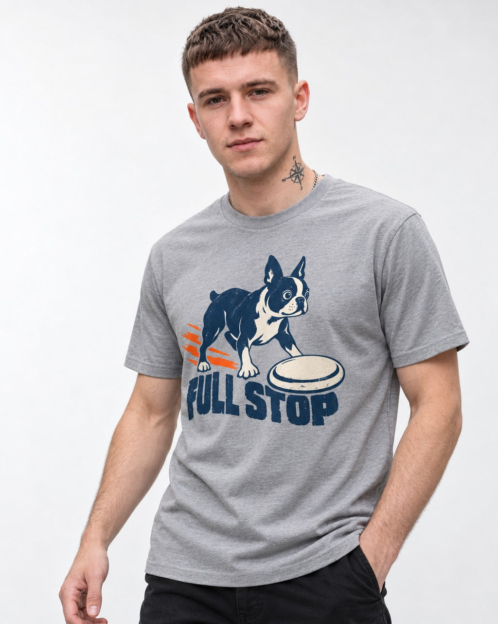 Boston Terrier Full Stop T-Shirt in Sport Grey, worn by a model
