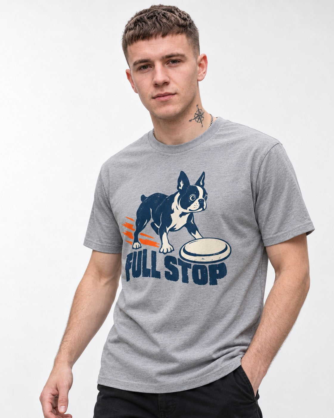 Boston Terrier Full Stop T-Shirt in Sport Grey, worn by a model