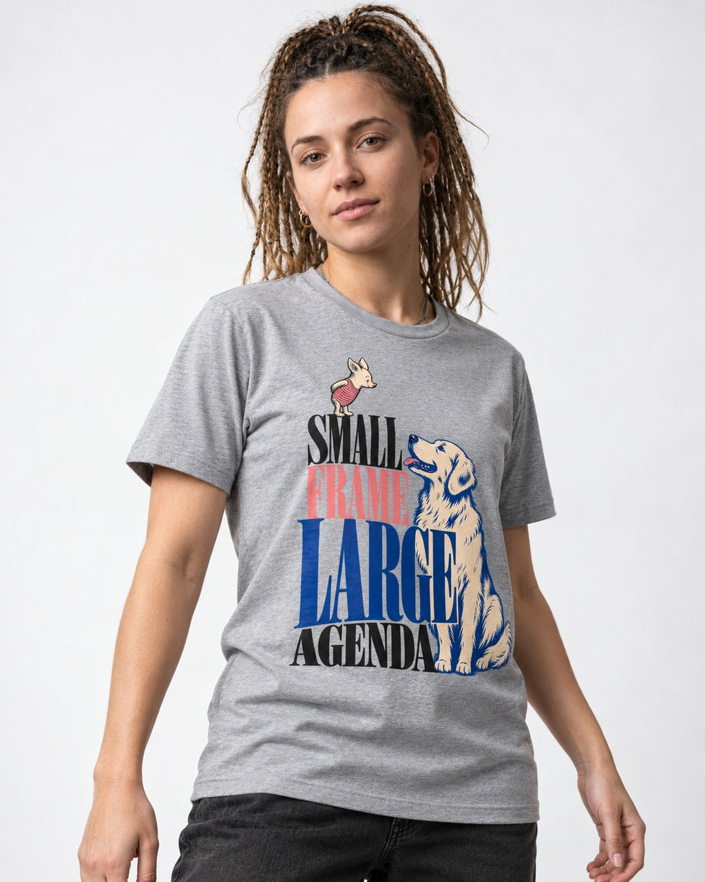 Small Frame Large Agenda Golden Retriever T-Shirt in Sport Grey, worn by a model
