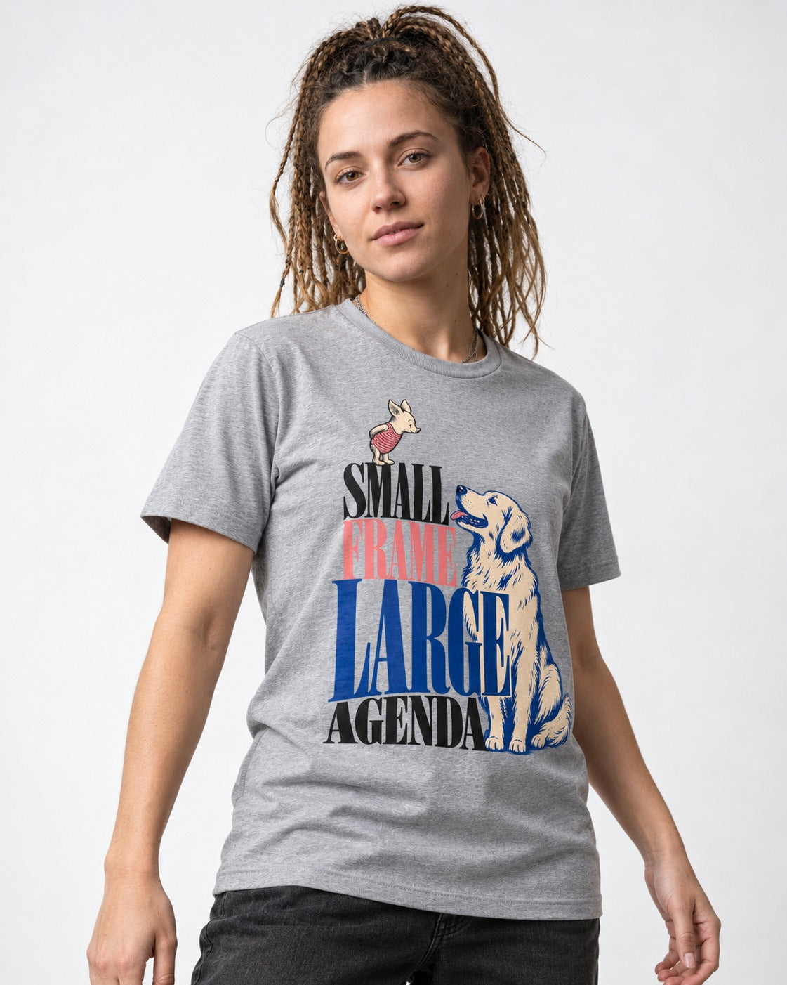 Small Frame Large Agenda Golden Retriever T-Shirt in Sport Grey, worn by a model