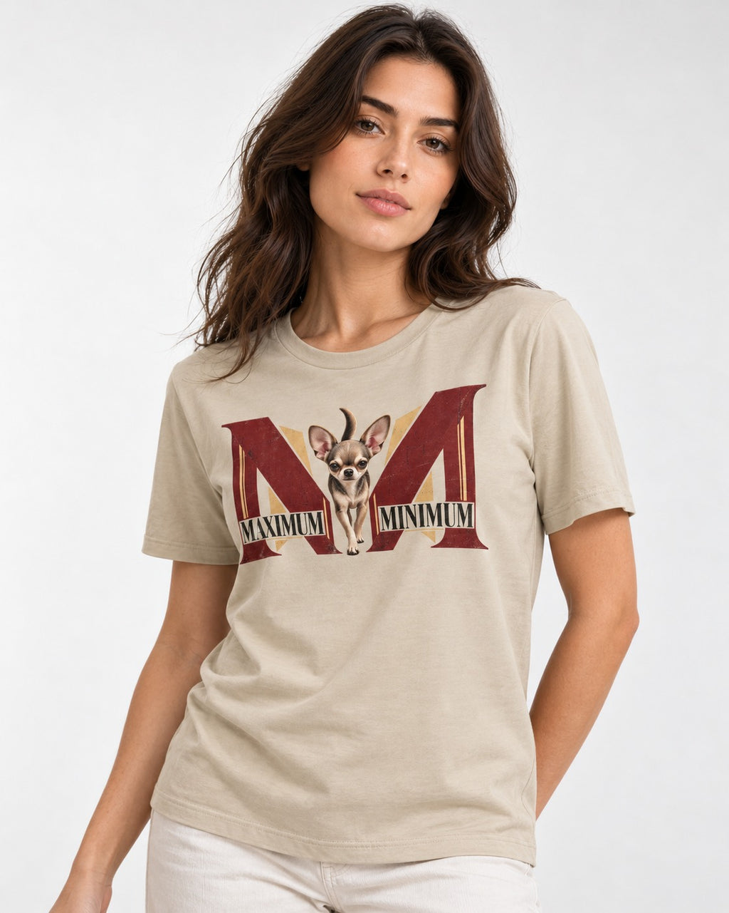 Maximum Minimum Chihuahua T-Shirt in Sand, worn by a model