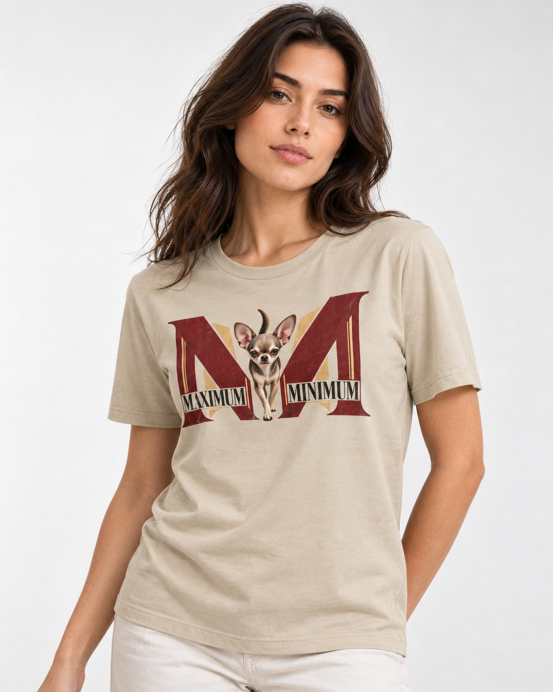 Maximum Minimum Chihuahua T-Shirt in Sand, worn by a model