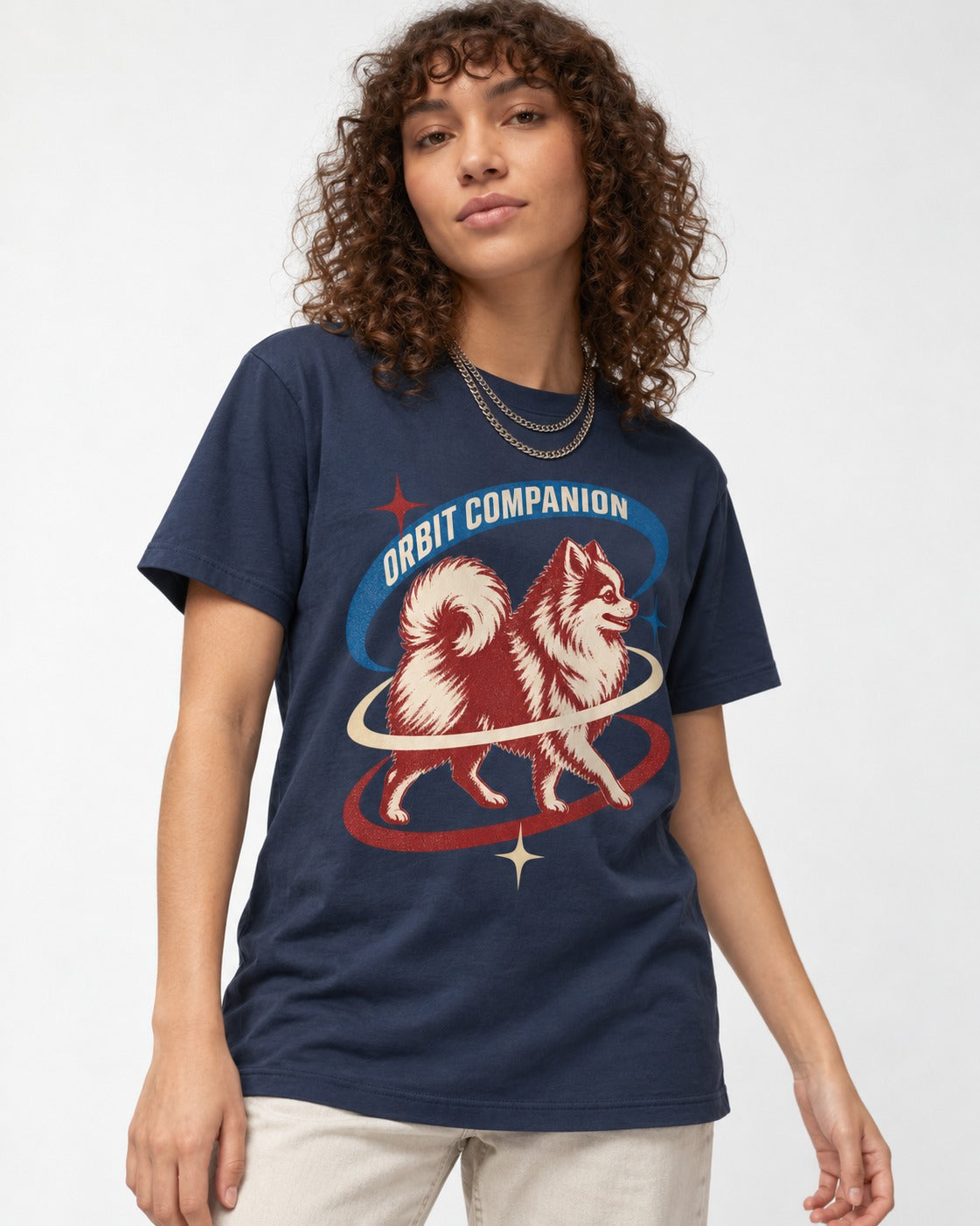 Pomeranian Orbit Companion Retro Space Graphic T-Shirt in Navy, worn by a model