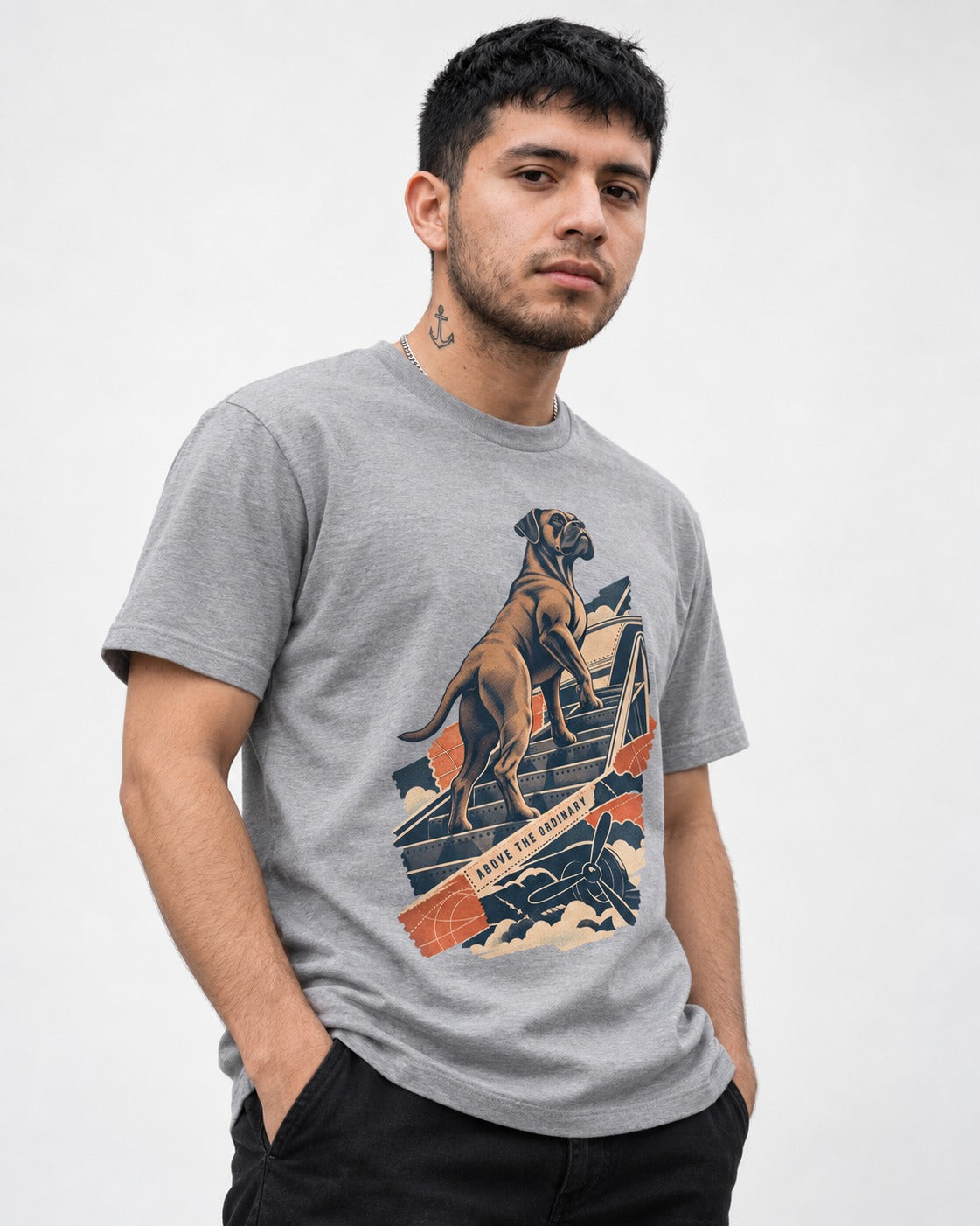 Above the Ordinary Boxer Aviation Graphic T-Shirt in Sport Grey, worn by a model