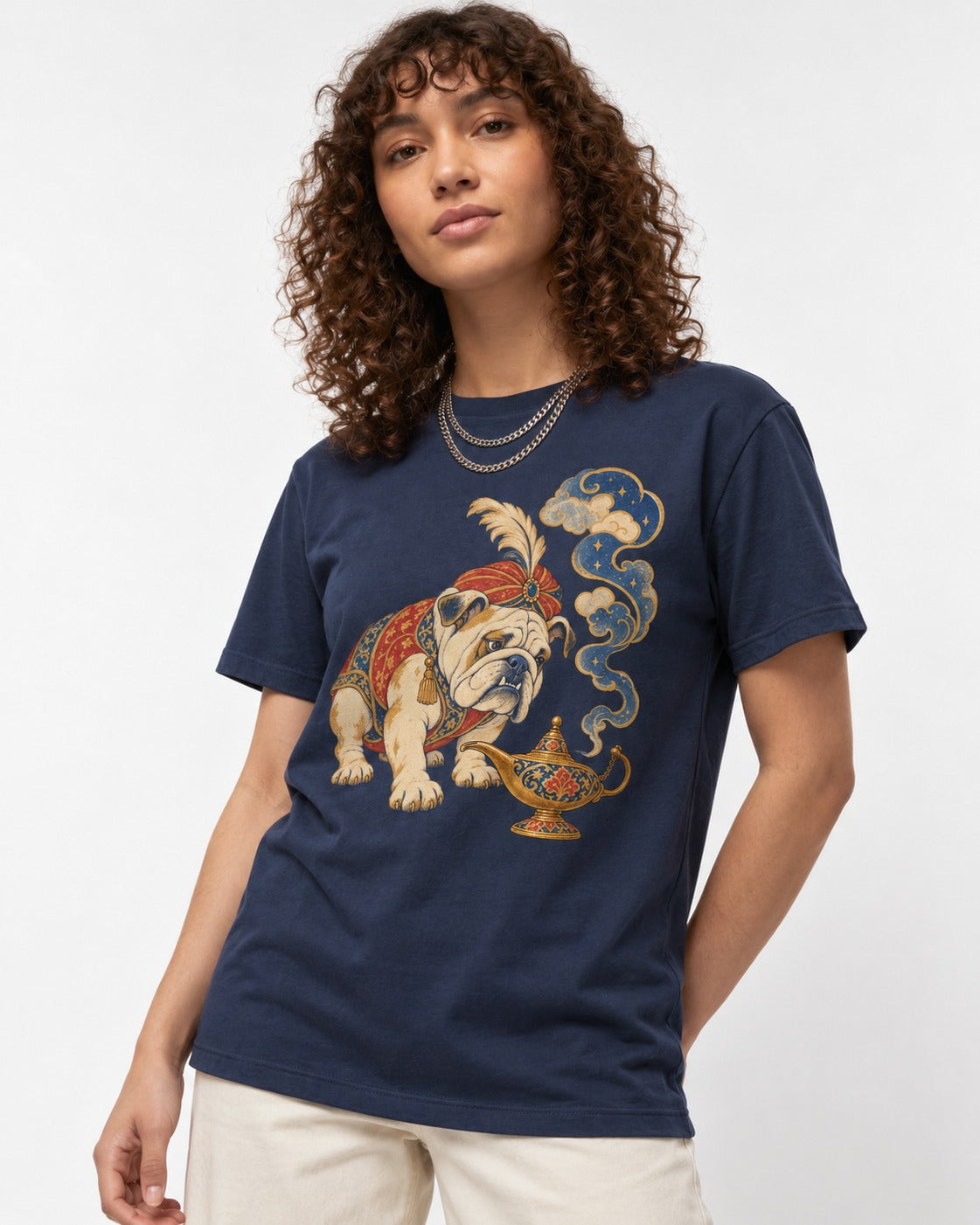 English Bulldog Magic Lamp Genie Graphic T-Shirt in Navy, worn by a model
