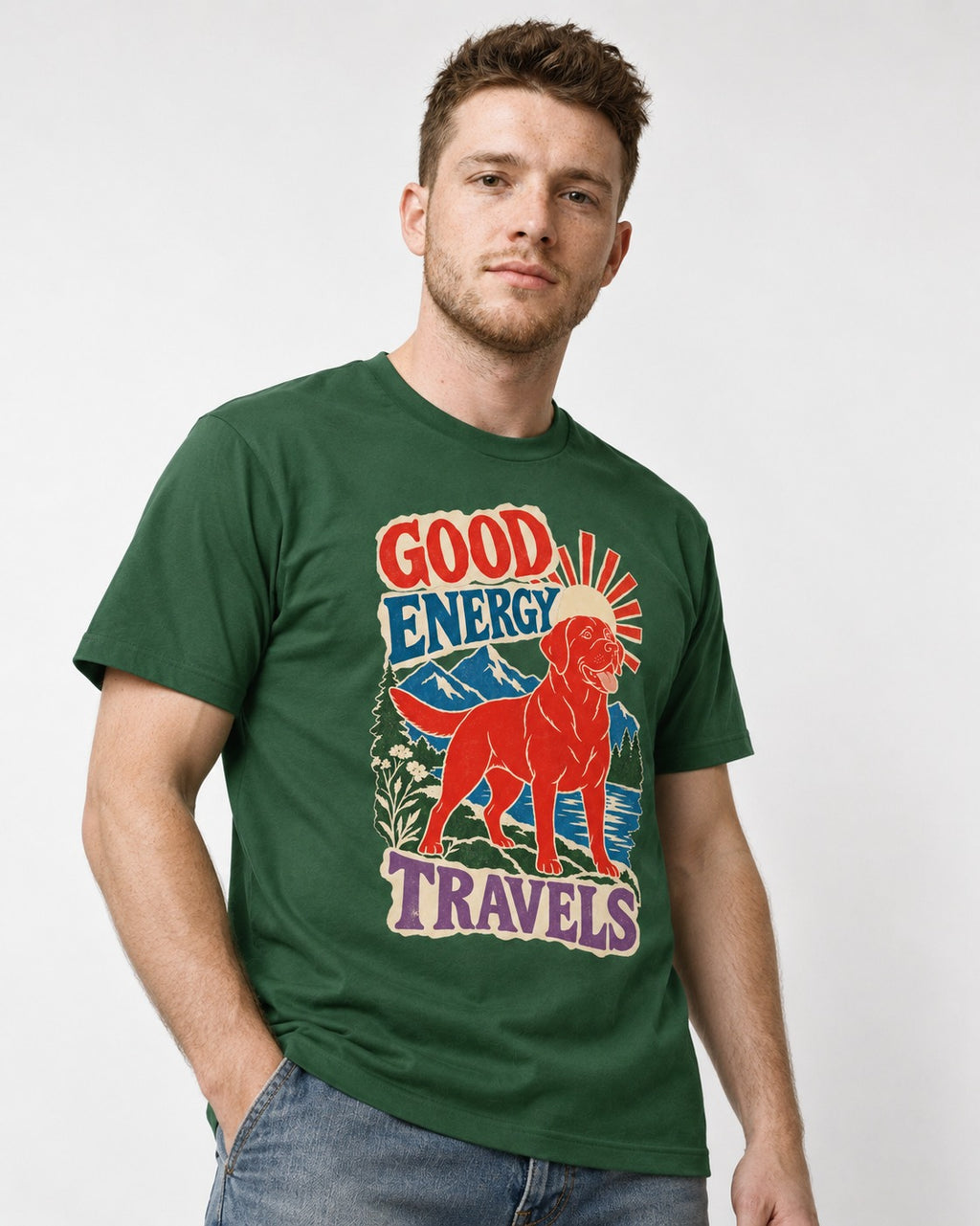 Labrador Retriever Good Energy Travels Adventure Graphic T-Shirt in Forest Green, worn by a model