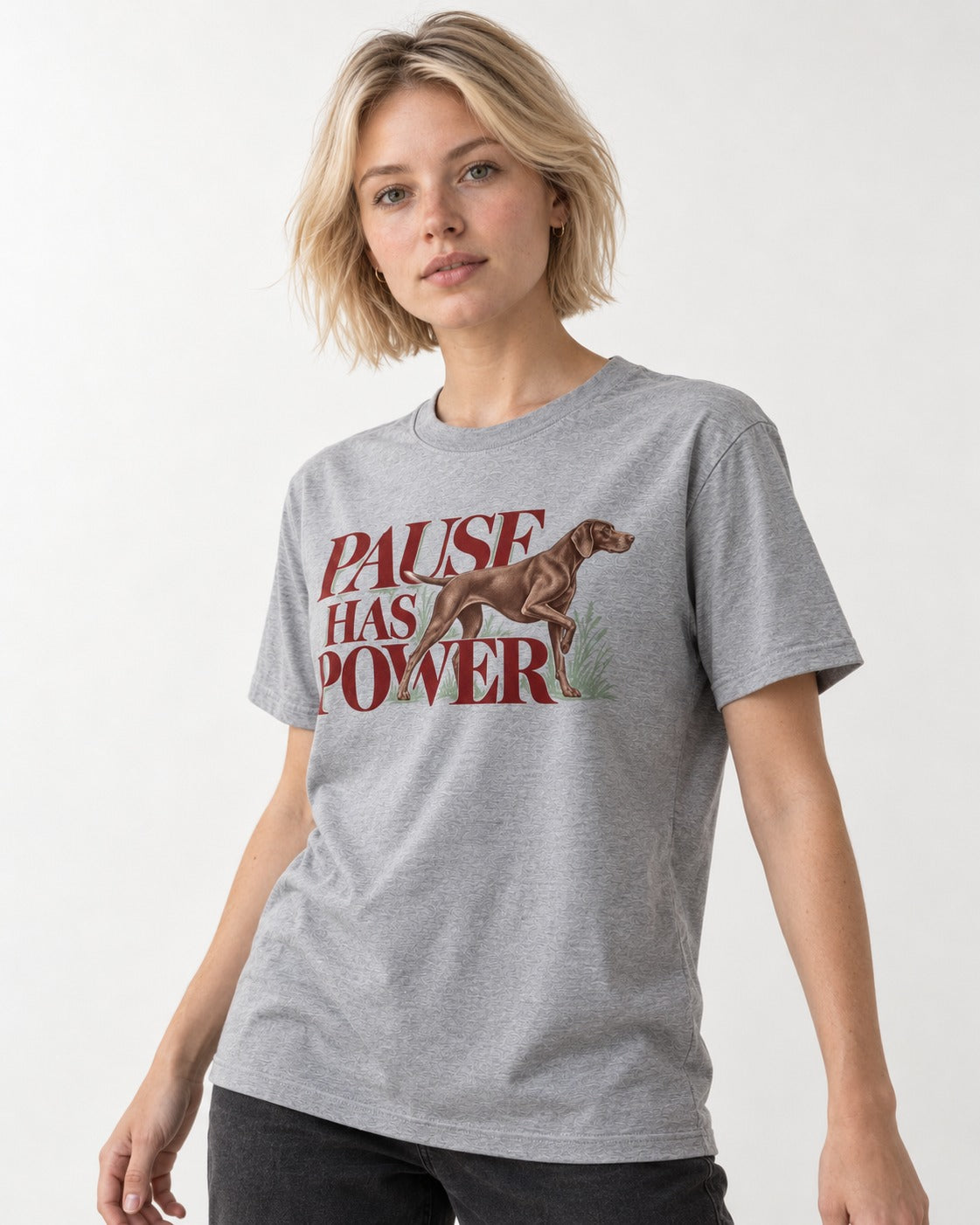 Pause Has Power German Shorthaired Pointer T-Shirt in Sport Grey, worn by a model