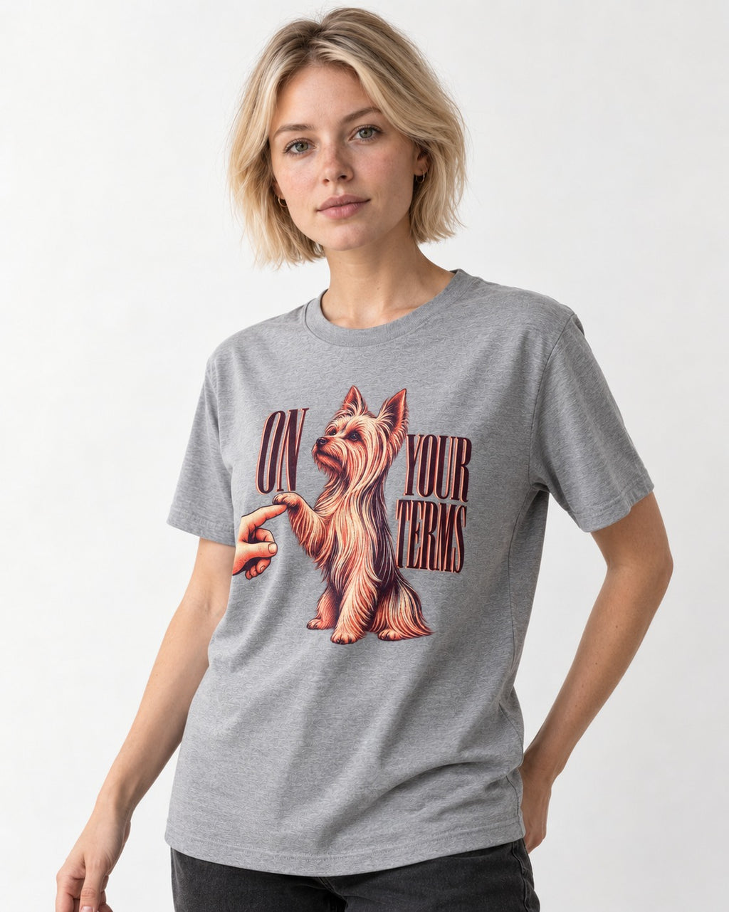 Yorkshire Terrier On Your Terms T-Shirt in Sport Grey, worn by a model