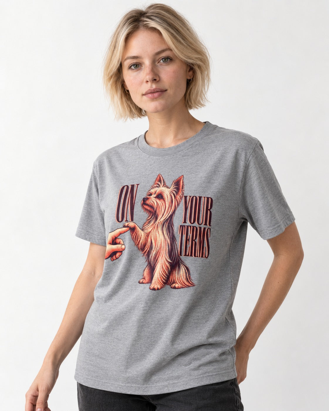 Yorkshire Terrier On Your Terms T-Shirt in Sport Grey, worn by a model
