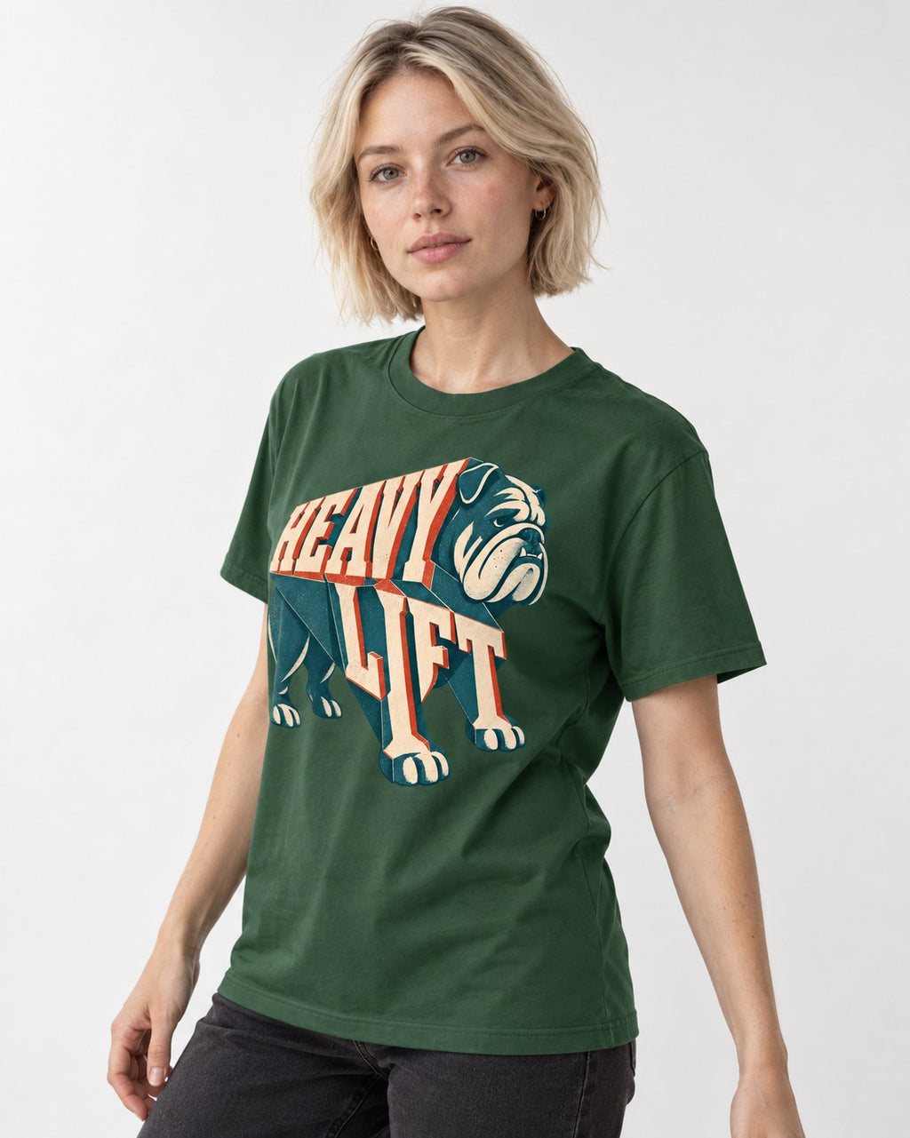 English Bulldog Heavy Lift Dimensional Type T-Shirt in Forest Green, worn by a model