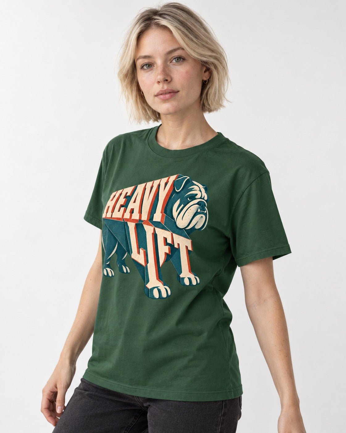 English Bulldog Heavy Lift Dimensional Type T-Shirt in Forest Green, worn by a model