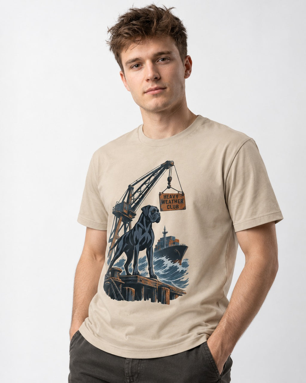 Boxer Heavy Weather Club T-Shirt in Sand, worn by a model