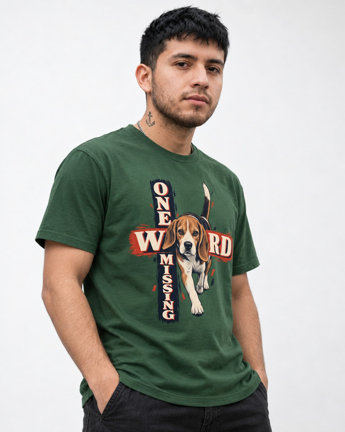 Beagle One Word Missing T-Shirt in Forest Green, worn by a model