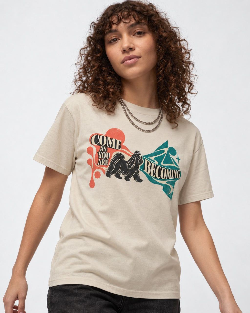 Come as You Are Shih Tzu T-Shirt in Sand, worn by a model