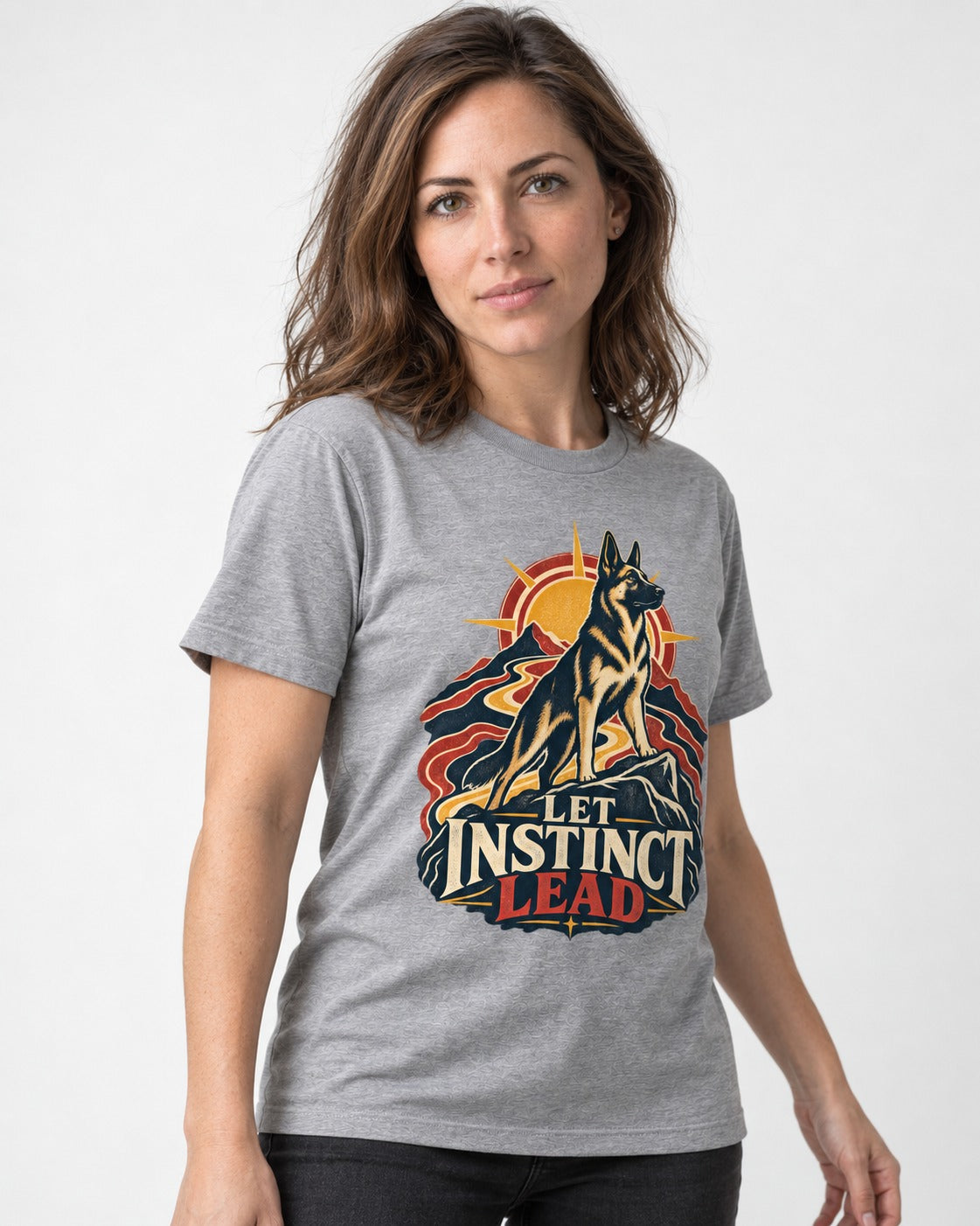 Let Instinct Lead Sunrise German Shepherd Dog Graphic T-Shirt in Sport Grey, worn by a model
