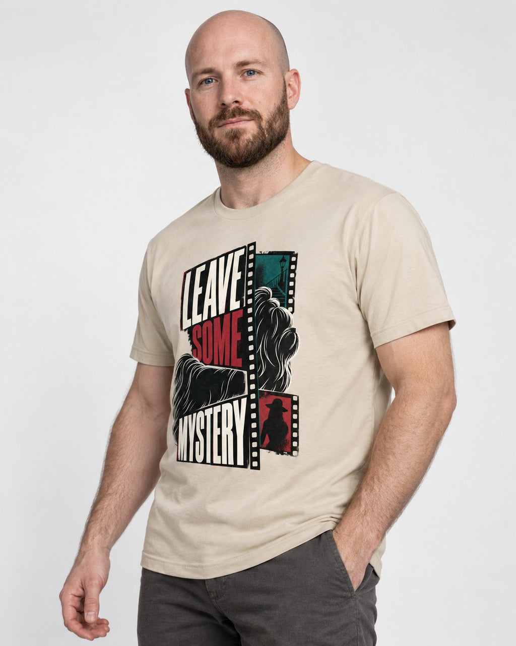 Leave Some Mystery Shih Tzu T-Shirt in Sand, worn by a model