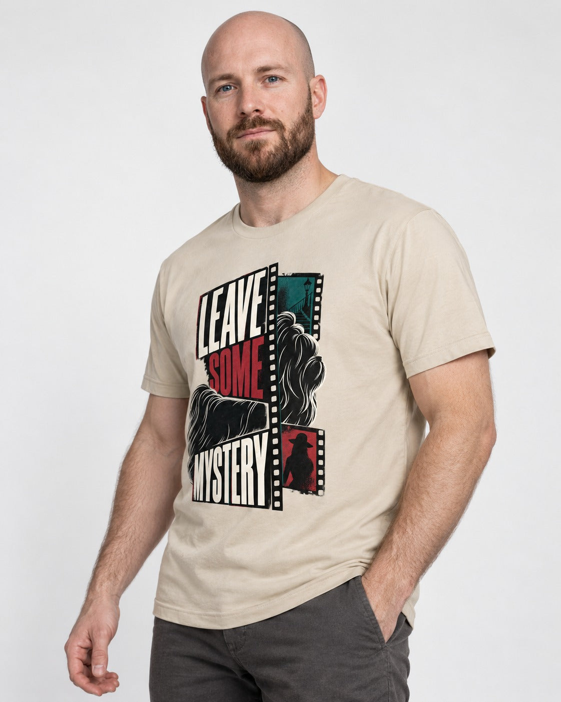 Leave Some Mystery Shih Tzu T-Shirt in Sand, worn by a model