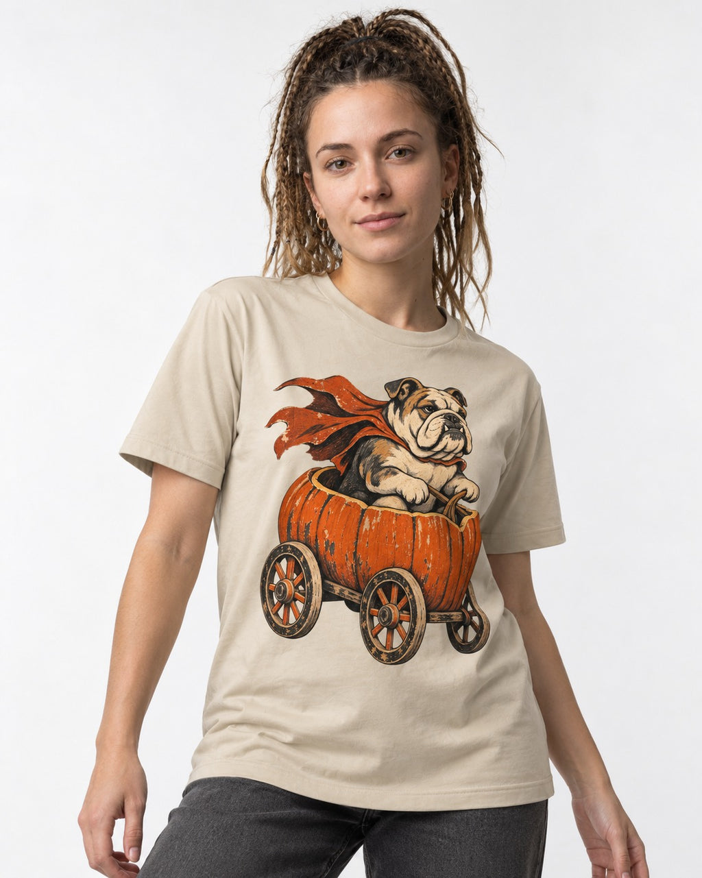 English Bulldog Midnight Magic T-Shirt in Sand, worn by a model