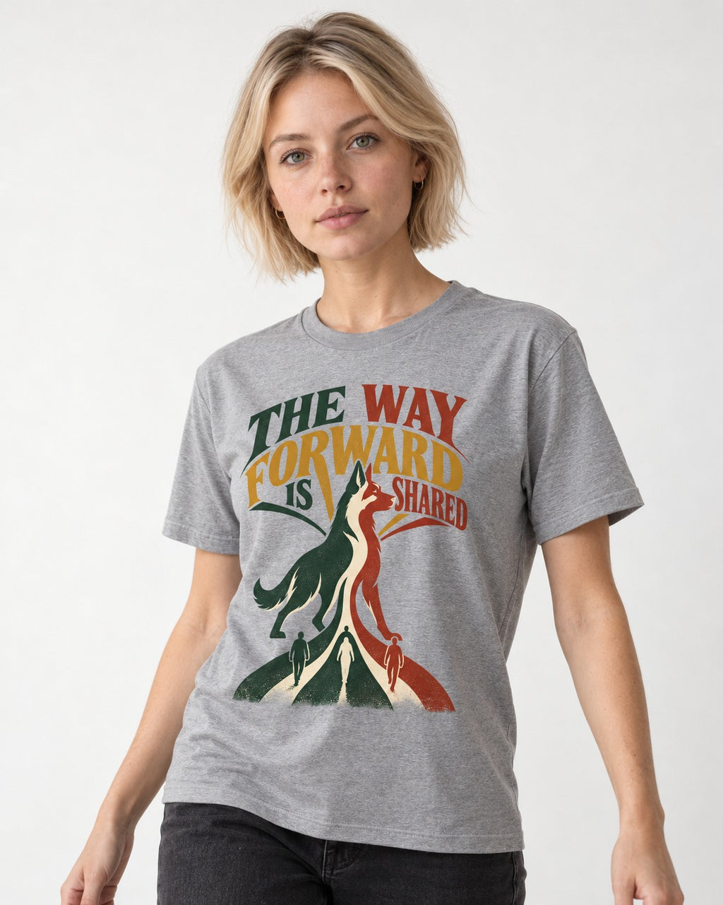 Shared Way Forward German Shepherd Dog T-Shirt in Sport Grey, worn by a model