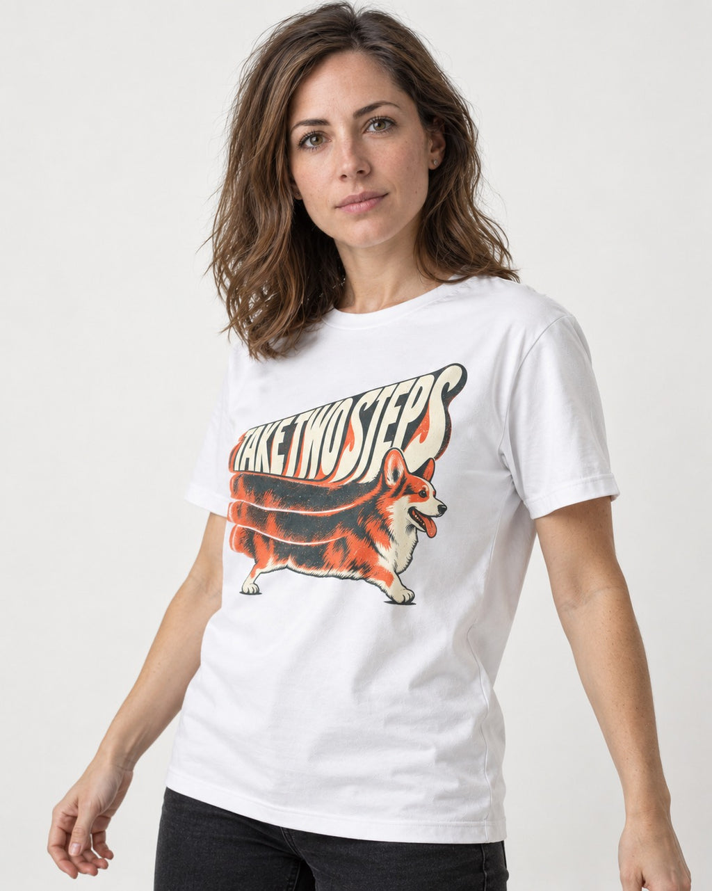 Corgi Take Two Steps Motion Trail Graphic T-Shirt in White, worn by a model