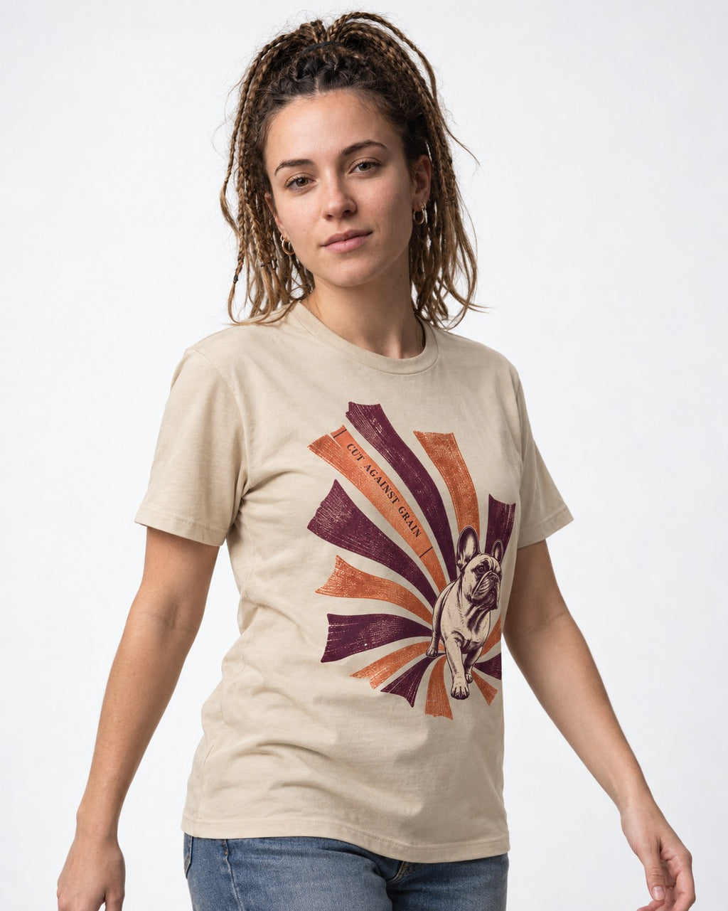 Frenchie Against the Grain T-Shirt in Sand, worn by a model