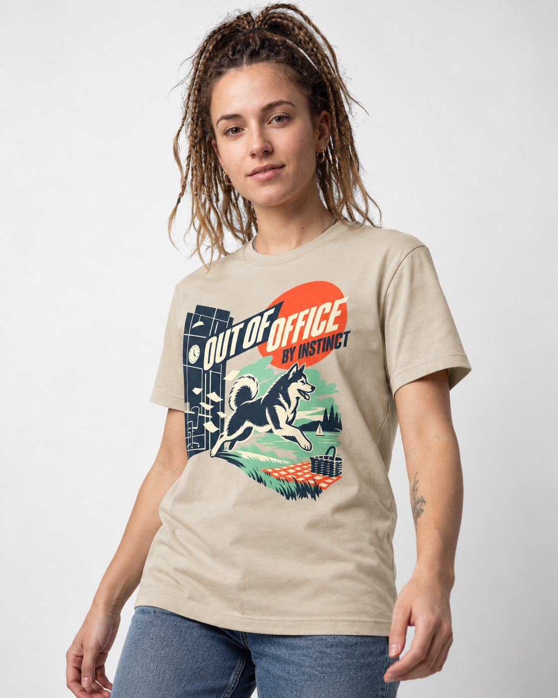 Husky Out of Office T-Shirt in Sand, worn by a model
