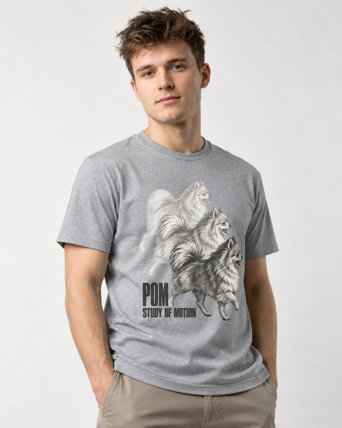 Pomeranian Study of Motion T-Shirt in Sport Grey, worn by a model