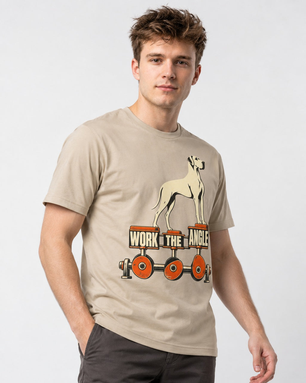 Great Dane Work the Angle T-Shirt in Sand, worn by a model