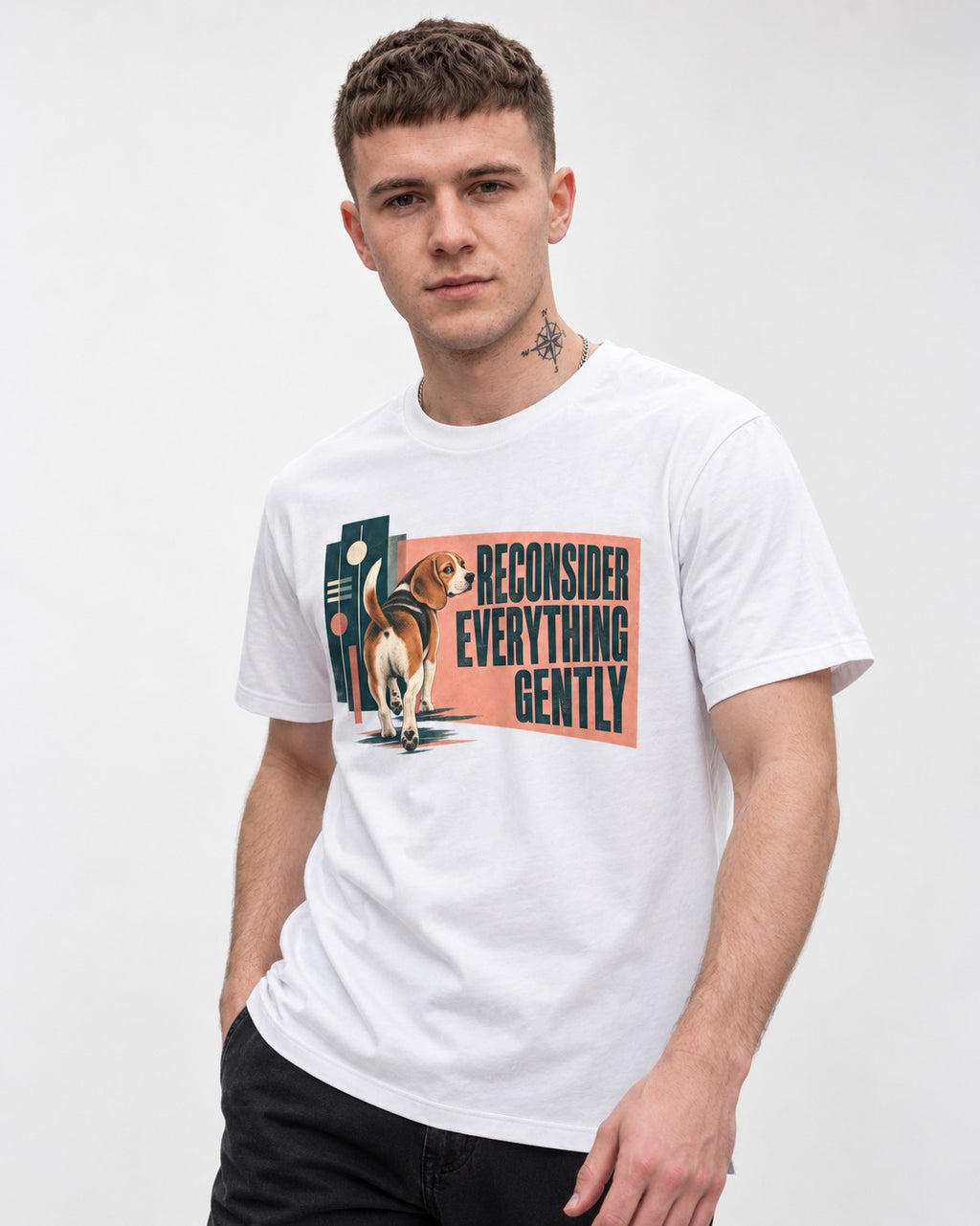 Beagle Reconsider Everything Gently Retro Graphic T-Shirt in White, worn by a model