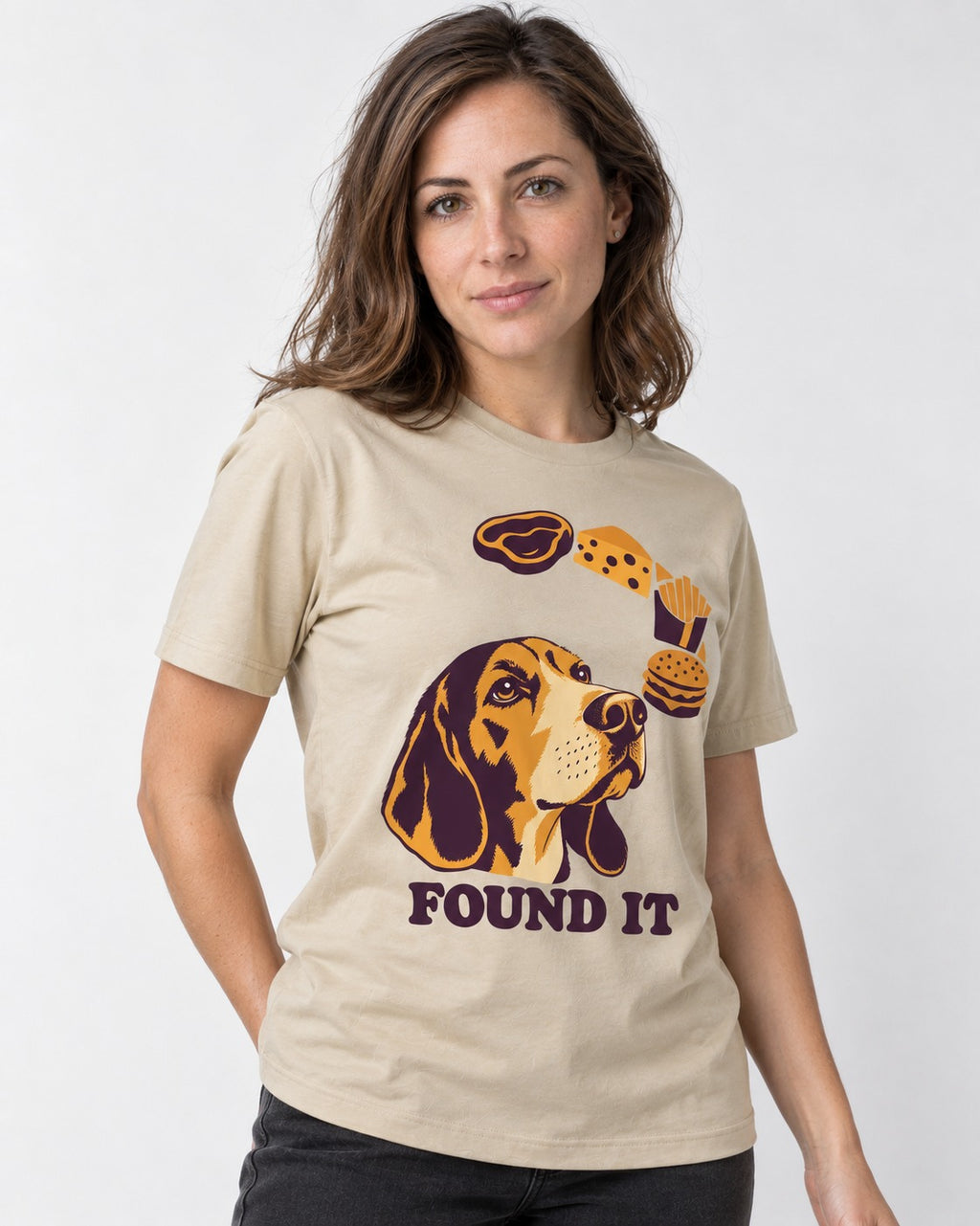 Beagle Found It T-Shirt in Sand, worn by a model