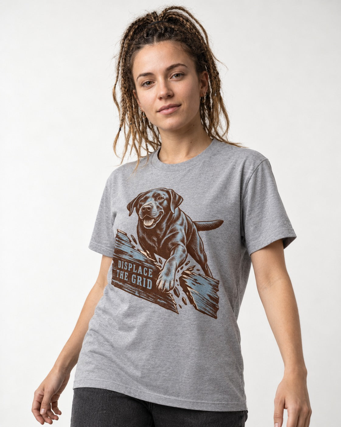 Labrador Retriever Displace the Grid Breaking Plank Graphic T-Shirt in Sport Grey, worn by a model