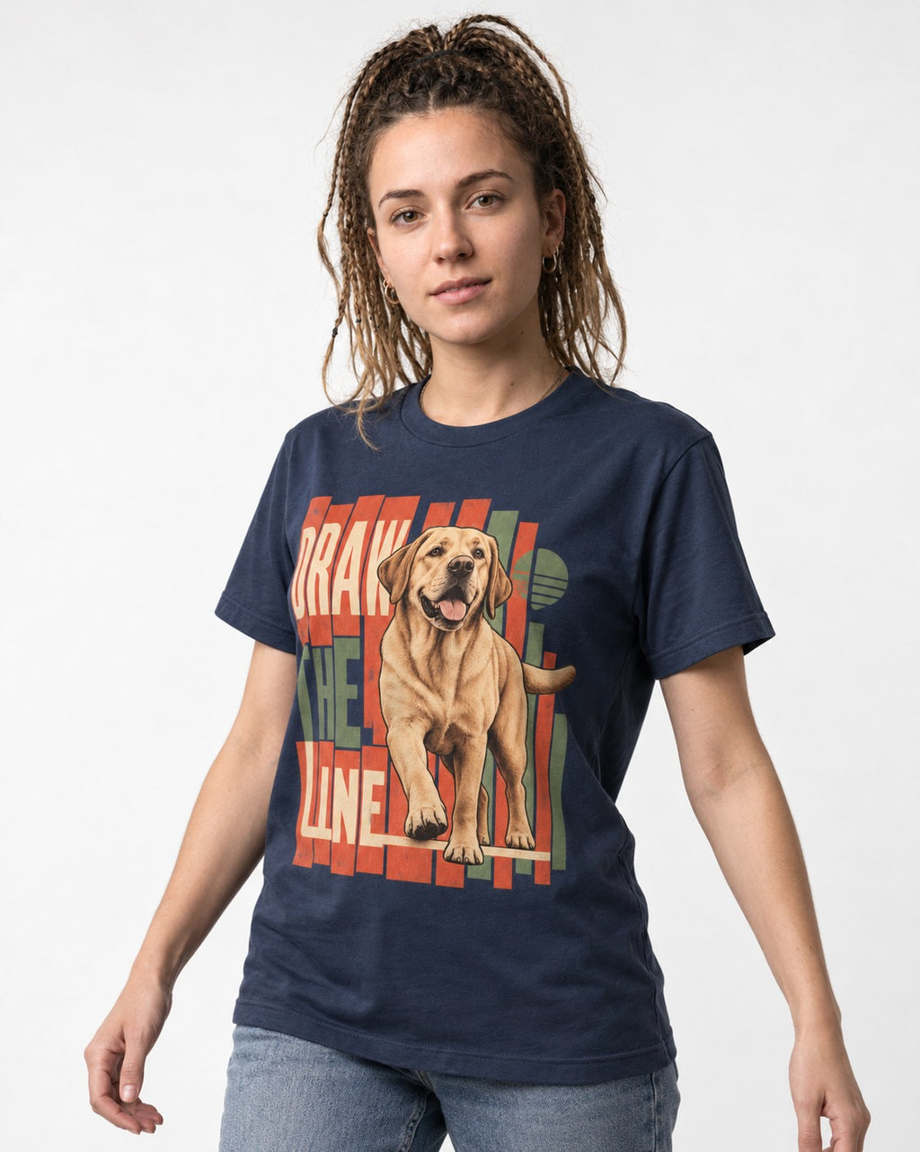Labrador Retriever Draw the Line Stepping Graphic T-Shirt in Navy, worn by a model