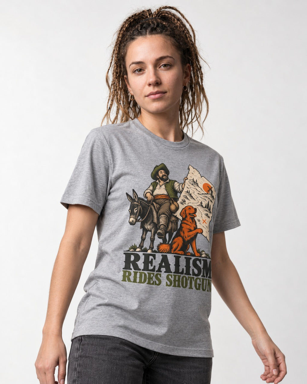 Realism Rides Shotgun with Golden Retriever T-Shirt in Sport Grey, worn by a model