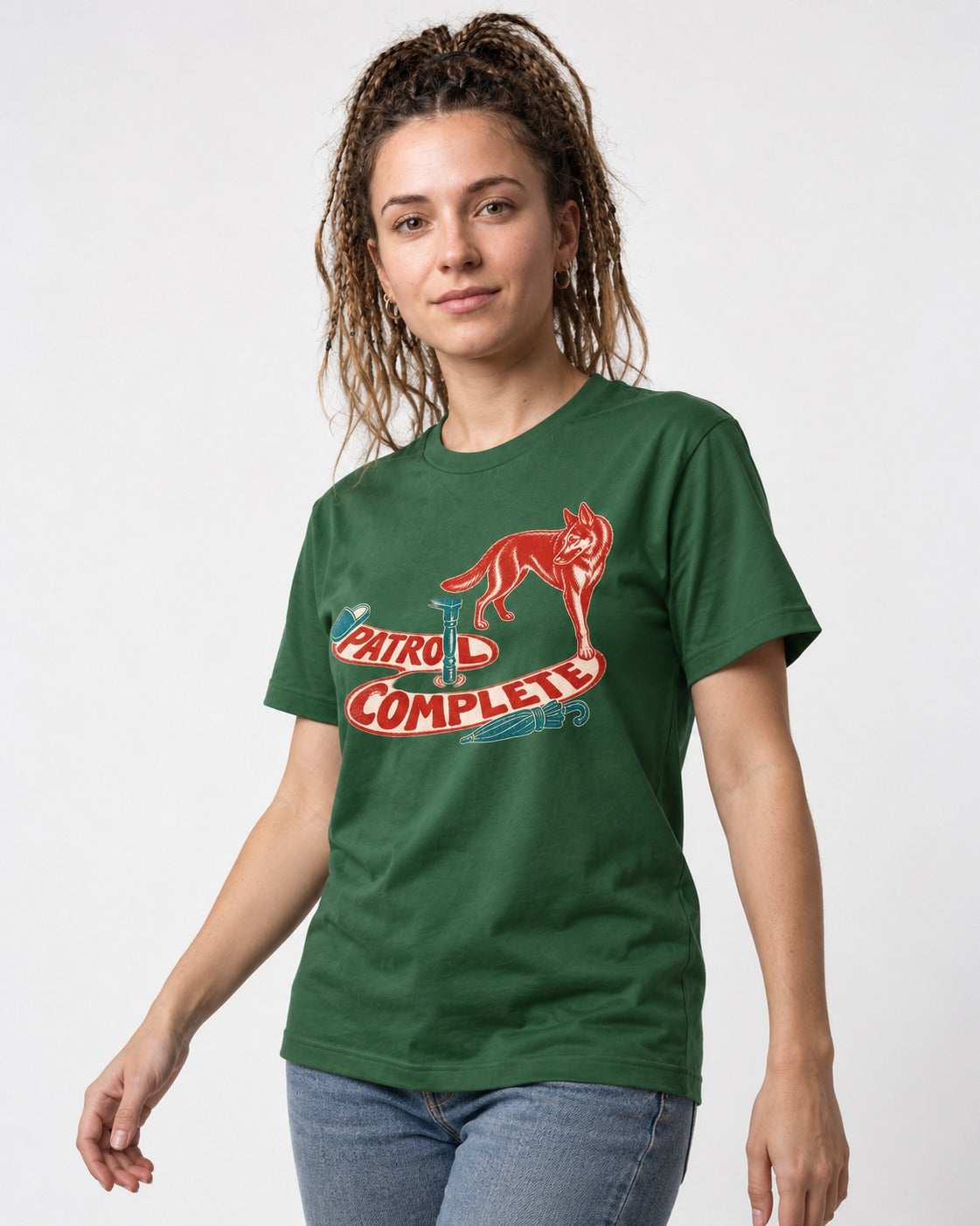German Shepherd Dog Patrol Complete Umbrella Graphic T-Shirt in Forest Green, worn by a model