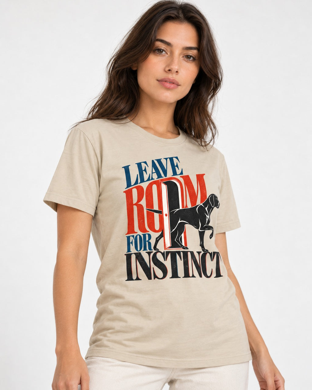 Leave Room for Instinct German Shorthaired Pointer T-Shirt in Sand, worn by a model