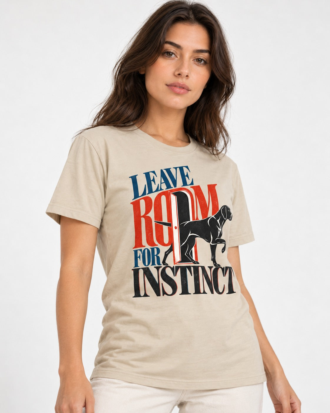 Leave Room for Instinct German Shorthaired Pointer T-Shirt in Sand, worn by a model