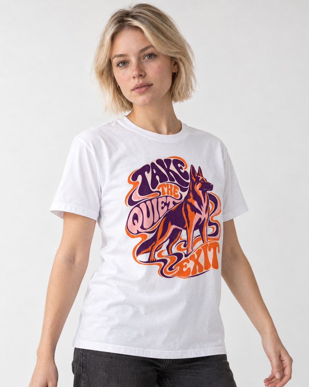 Take The Quiet Exit Psychedelic German Shepherd Dog Graphic T-Shirt in White, worn by a model