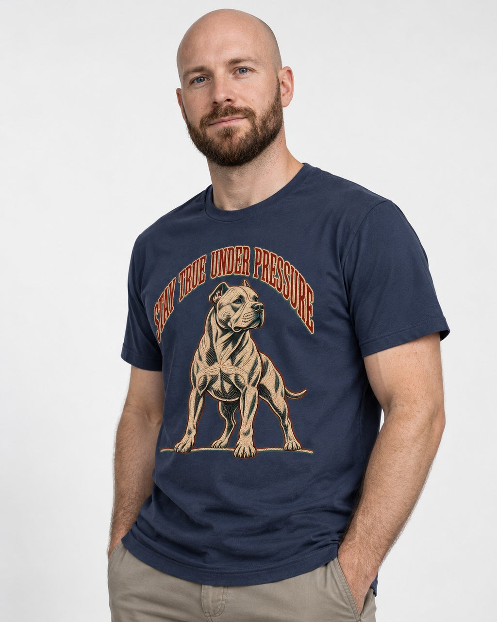 Pitbull Stay True Under Pressure Stance Graphic T-Shirt in Navy, worn by a model