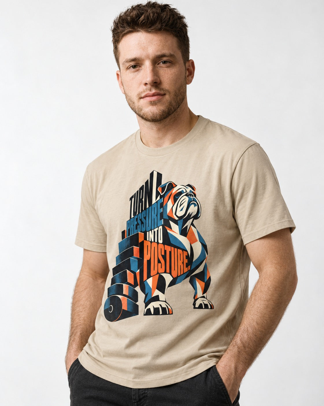 Turn Pressure Into Posture English Bulldog T-Shirt in Sand, worn by a model
