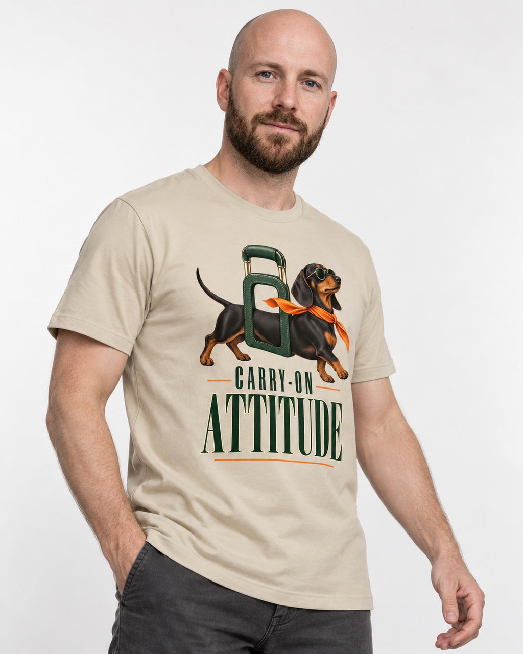 Dachshund Carry on Attitude T-Shirt in Sand, worn by a model