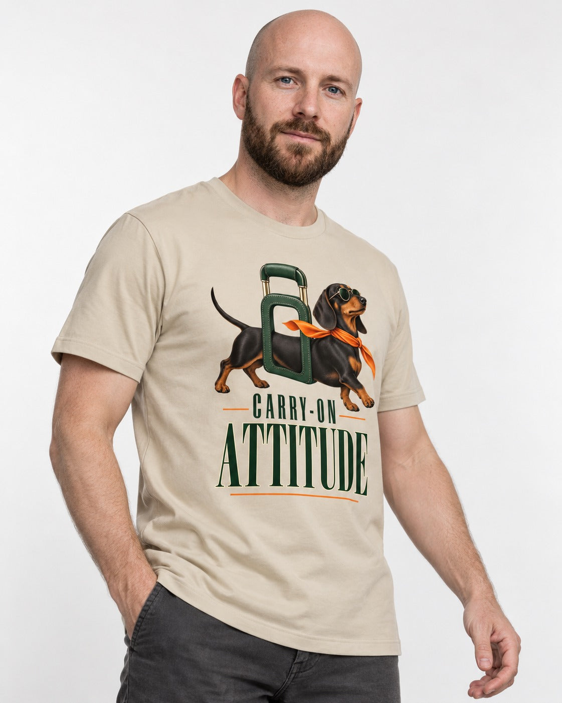 Dachshund Carry on Attitude T-Shirt in Sand, worn by a model