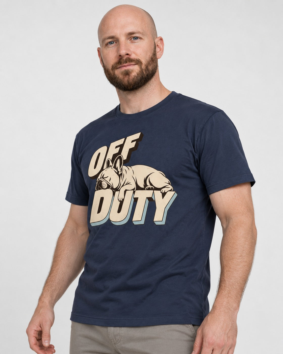 Frenchie Off Duty Sleeping Type Graphic T-Shirt in Navy, worn by a model