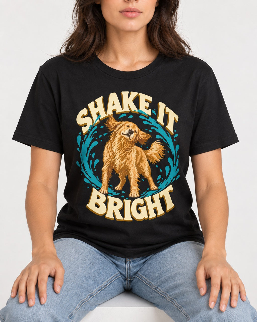 Golden Retriever Shake It Bright Water Ring Graphic T-Shirt in Black, worn by a seated model