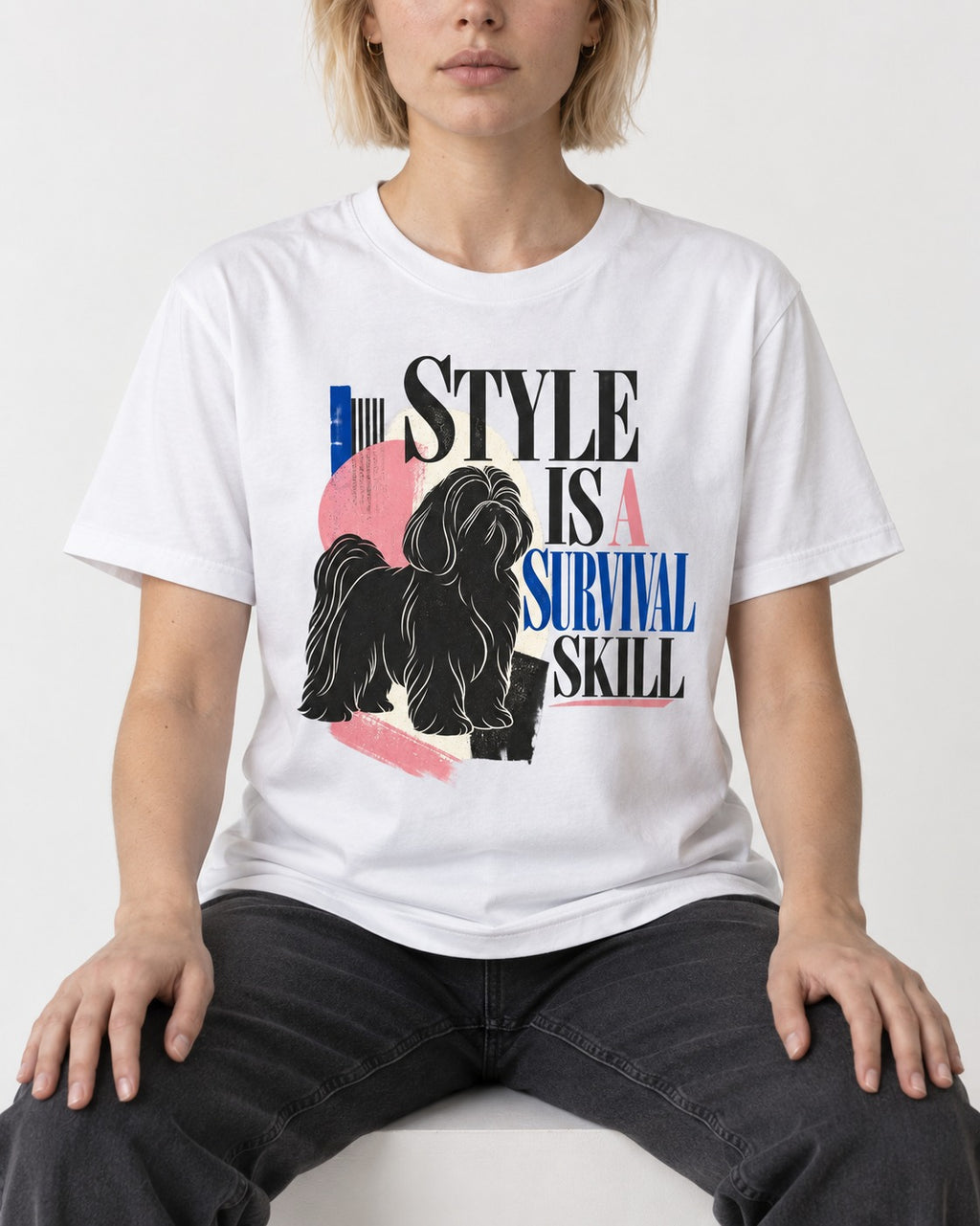 Shih Tzu Survival Skill T-Shirt in White, worn by a seated model