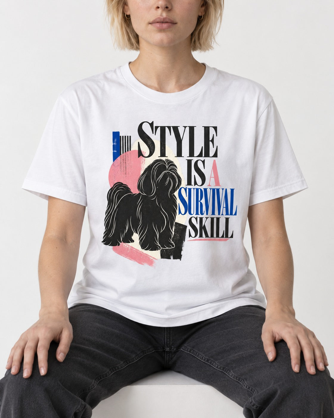 Shih Tzu Survival Skill T-Shirt in White, worn by a seated model