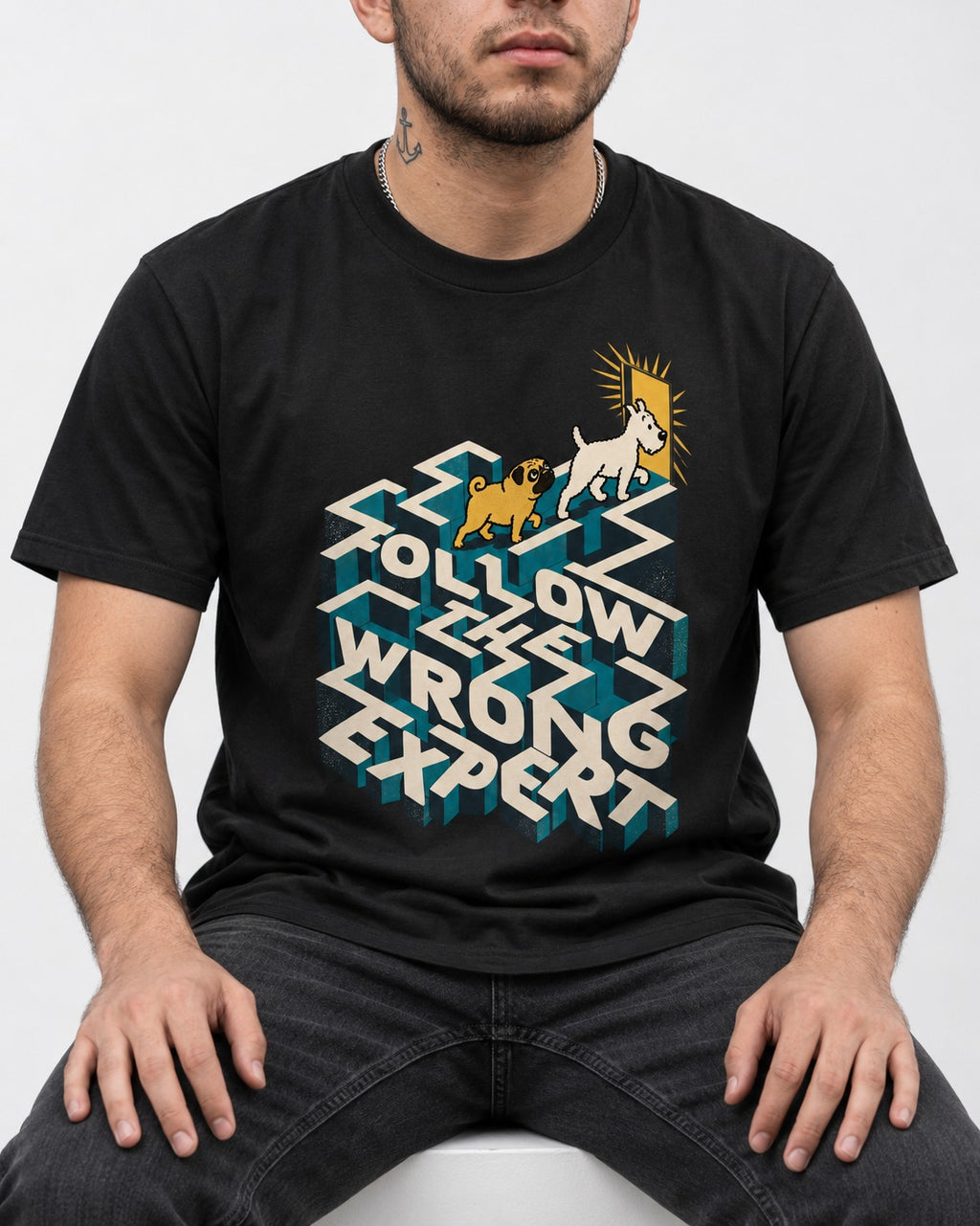 Pug Follow the Wrong Expert Isometric Maze Graphic T-Shirt in Black, worn by a seated model