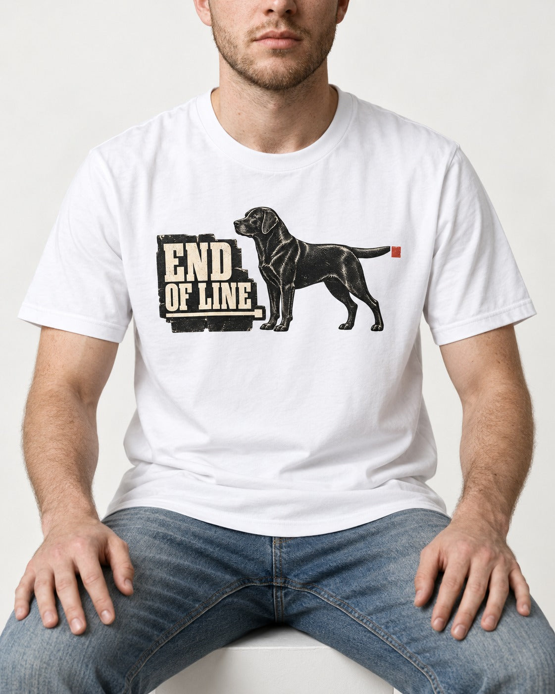 End of Line Labrador Retriever T-Shirt in White, worn by a seated model