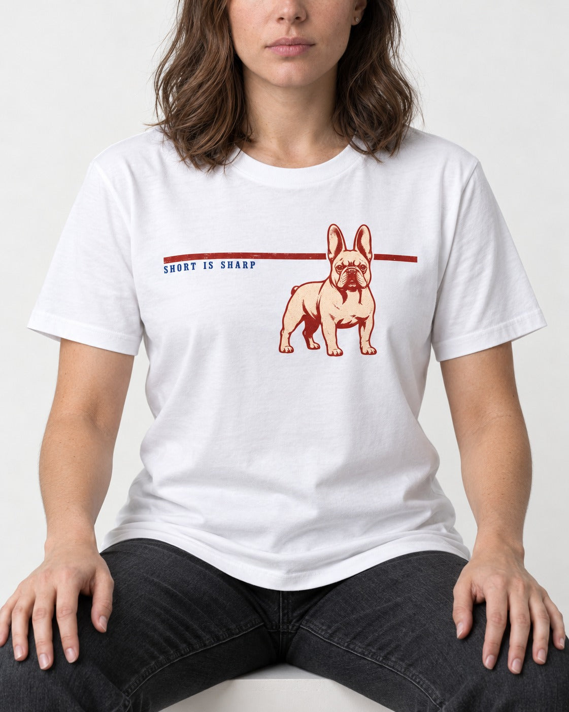 Short Is Sharp Frenchie T-Shirt in White, worn by a seated model